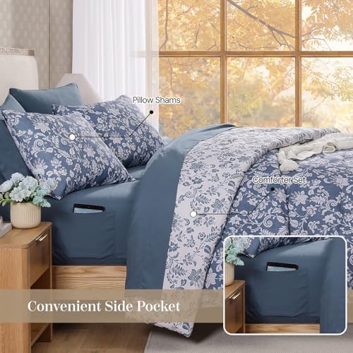BLOOMHAVEN Twin XL Comforter Set-5 Pieces Blue Floral Bed in a Bag