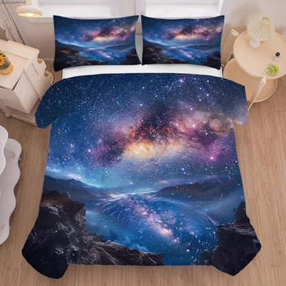 Galaxy Comforter Set Twin Size Space Bedding for Kids Girls Boys Mountain Planet Stars Moon Bedroom Decor Quilt Bed Sets, 1 Comforter 1 Pillowcase