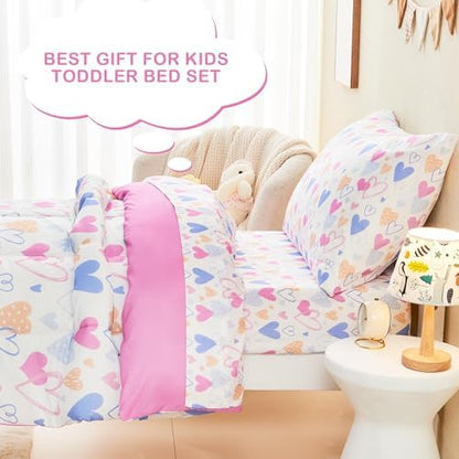Mooreeke Toddler Bedding Sets for Girls, 4 Pieces Pink Heart Printed