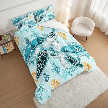 HOSIMA Coastal Beach Themed Sea Turtle Twin Comforter with 2 Pillowcases.