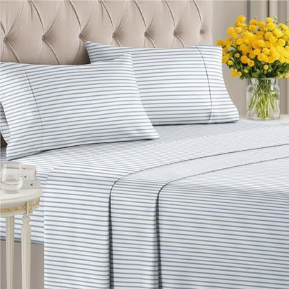 King 4 Piece Striped Sheet Set - Soft, Breathable & Cooling - Ocean Stripe