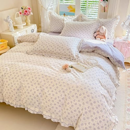 Vintage Flower Duvet Cover Set Twin Size, 3 Piece Coquette Duvet Cover with Ruffle Lace, 100% Cotton Violet Flower Botanical Bedding Set, Aesthetic Floral Cottagecore Comforter Cover for All Season