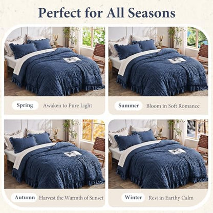 JOLLYVOGUE Oversized King Comforter Set, 3 Pieces Navy Blue Seersucker Comforters, Lightweight & Fluffy Bedding Sets for All Season with 1 Ruffle Comforter and 2 Ruffle Pillowshams
