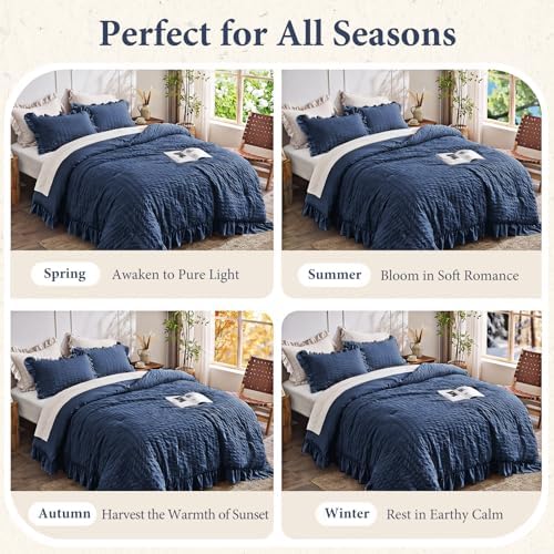 JOLLYVOGUE Oversized Queen Comforter Set, 3 Pieces Navy Blue Seersucker Comforters, Lightweight & Fluffy Bedding Sets for All Season with 1 Ruffle Comforter and 2 Ruffle Pillowshams