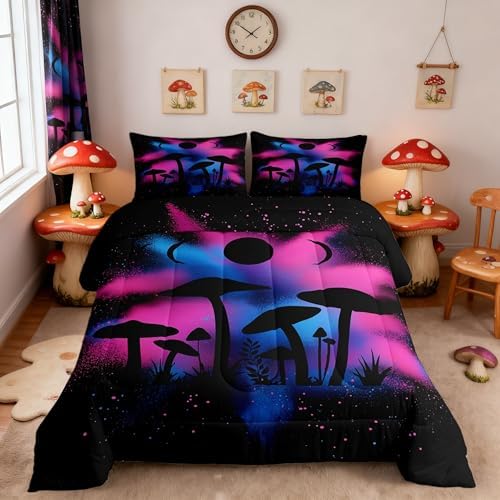 Castle Fairy Mushroom King Size Comforter Set Kids Fungus Plant Decor All Season Bedding Set for Girls Teens Colorful Tie-dye Comforter Bohemian Decor Quilt Set Bedroom Collection 3Pcs