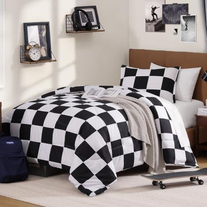 Andency Checkered Comforter Twin XL, Black and White Gingham Plaid Bedding