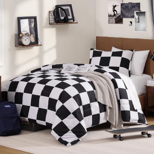 Andency Checkered Comforter King, Black and White Gingham Plaid Bedding Set