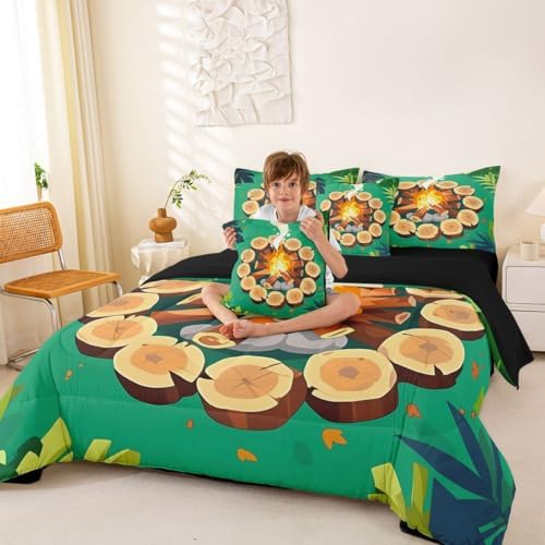 Erosebridal Campfire 7 Piece Bed in A Bag Twin Tree Stump Comforter Set Happy Camping Bedding Sets for Kids Boys Girls Woodland Campsite Forest Stones Trees Sheet Set with Comforter
