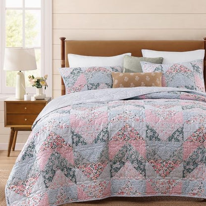 Queen Quilt Set-3 Pieces Soft Bedding Lightweight Floral Patchwork Coverlet
