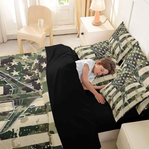 Erosebridal 7 Pcs Camo American Flag Comforter Set Full Camouflage Military Aircraft Bedding Set for Boys Kids Teens Men Army Green Airplane Bed in A Bag with Sheets Vintage Patriotic Plane Bed Sets