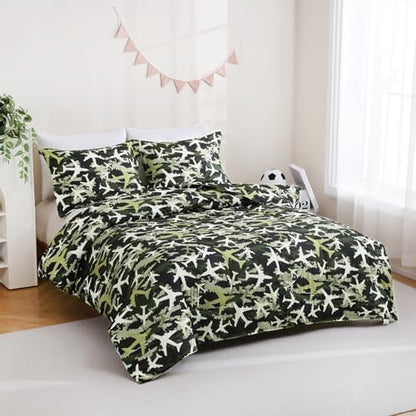 Yibeizi Airplane Comforter Set Boys Full Green Camouflage Bedding