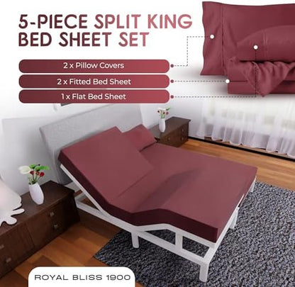 Split King Sheets Set with 2 Twin XL Fitted Sheet - 5 Piece Bedding - Wrinkle Free, Fade Resistant, Double Brushed Microfiber - Deep Pockets/Easy Fit (Burgundy)