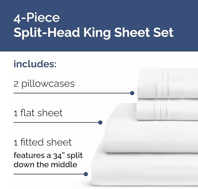 Flex Top Split Head King 4 Piece Sheet Set - Comfy Breathable & Cooling Bed Sheets Set - Hotel Luxury Bedding for Women, Men, Kids, Teens, Boys & Girls - Deep Pockets, Ultra-Soft - Oeko-Tex - White