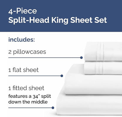 Flex Top Split Head King 4 Piece Sheet Set - Comfy Breathable & Cooling Bed Sheets Set - Hotel Luxury Bedding for Women, Men, Kids, Teens, Boys & Girls - Deep Pockets, Ultra-Soft - Oeko-Tex - White