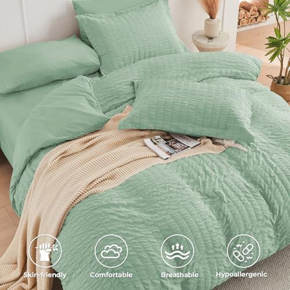 HYMOKEGE Sage Green Oversized Queen Comforter Set Seersucker 7 Pieces, All Season Luxury Bed in a Bag for Bedroom, Bedding Set with Comforter, Sheets, Pillowcases & Shams