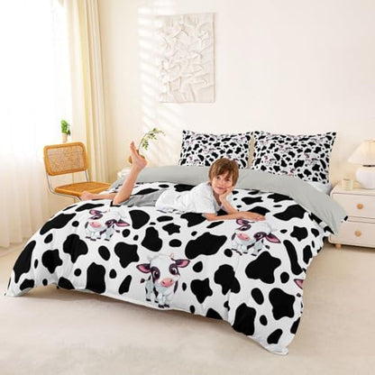 Kids Girls Cartoon Duvet Cover Set Queen Cow Print Cartoon Children Bedding Set Stripe Decor Modern Soft Reversible Comforter Cover Set For Teen Boys 3 Pcs Cartoon Animal Decor Children Bedding Set