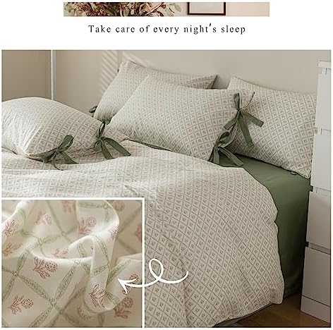 mixinni Red Floral Duvet Cover Set Queen Size - 100% Cotton Green Grid Bedding with Bow Ties, 3PC Cottagecore Comforter Cover (1 Duvet Cover + 2 Pillowcases) Vintage Garden Style Soft Aesthetic