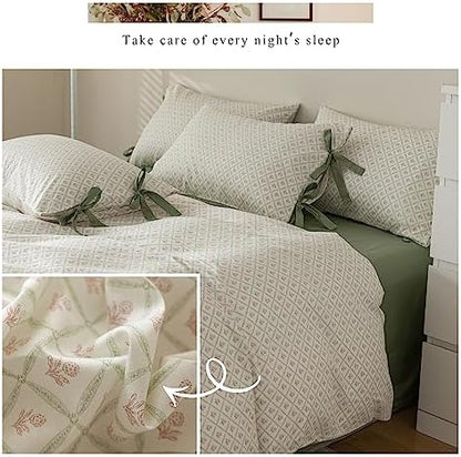 Pink Floral Duvet Cover Twin XL Chic Plaid Grid Duvet Cover with 2 Bowknot Pillowcases Vintage Boho Floral Bedding Set Aesthetic Cute Flower Comforter Cover Soft Cotton Girls Cottagecore Bedding Set