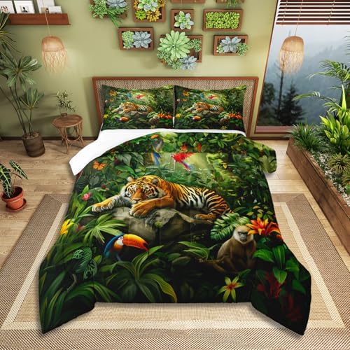 3D Tiger Comforter Set Queen Size,Monkey Parrot Wild Animals Bedding Set,Tropical Palm Tree Jungle Quilt Set for Kids Boys Girls Adult Bedroom Decor,Nature Wildlife Theme Duvet Insert,2 Pillowcases