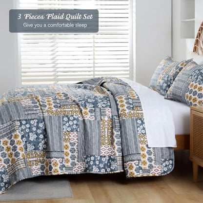 Mybedsoul Boho Quilt King Size, Patchwork Floral Bedding Set, Dark Grey