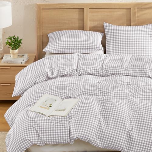 Andency Gingham Duvet Cover Twin Size, Light Grey Checkered Plaid Bedding Set with Zipper Closure & Corner Ties, 2 Pieces Soft Prewashed Microfiber Comforter Cover for Dorm Kids