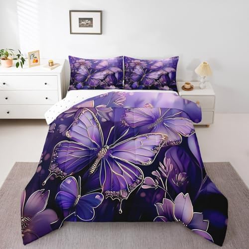 jejeloiu Purple Butterfly Comforter Set Full Size Kids Floral Flower Bedding Set for Boys Girls Teens Boho Butterfly Duvet Breathable Animal Quilt Bedroom Decor,1 Comforter with 2 Pillowcase