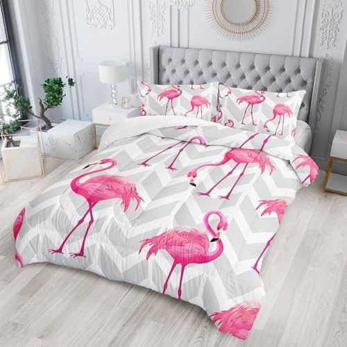 Flamingo Comforter Set - Full Size Tropical Geometric Stripe Bedding Set with 1 Comforter and 2 Pillowcases
