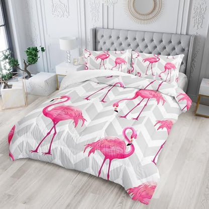 Flamingo Comforter Set - Full Size Tropical Geometric Stripe Bedding Set with 1 Comforter and 2 Pillowcases