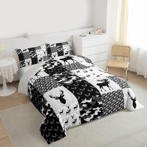 Erosebridal Deer Comforter Set for Boys, Grey Black Camo Down Comforter Boho Antlers Silhouette Bedding Set Kids Teens Camouflage Grunge Arrows Pattern Duvet Sets with 2 Pillow Cases, Queen Size
