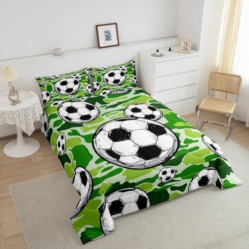 Castle Fairy Football Sports Comforter Set Twin Size for Kids Soccer American Ball Games Bedding Sets All Season Green Camouflage Quilt Set Bedroom Decor Hexagon Geometric Down Comforter,2Pcs