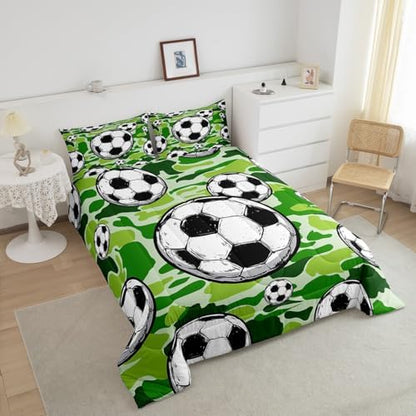 Castle Fairy Football Sports Comforter Set Twin Size for Kids Soccer American Ball Games Bedding Sets All Season Green Camouflage Quilt Set Bedroom Decor Hexagon Geometric Down Comforter,2Pcs