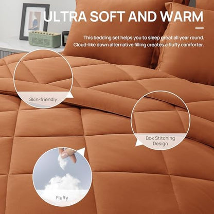 Love's cabin Oversized Queen Comforter Set Terracotta, 7 Pieces Bed in a Bag, All Season Queen Bedding Sets with 1 Comforter, 1 Flat Sheet, 1 Fitted Sheet, 2 Pillowcase and 2 Pillow Sham