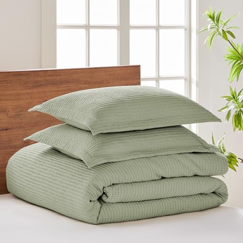 Levtex Home Cloud Waffle Full/Queen Comforter Set (90x94in) with 2 Pillow Shams (26x20in) - Solid Waffle Cotton Texture - Desert Sage - Cotton Full/Queen Size Comforter Set - Soft, Pre-Washed