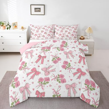 Castle Fairy Pink Bow Comforter Set Toddler Size 2 Pcs,Romantic Pink Roses Bedding Set,Dreamy Girly Style Quilt Set for Child Bedroom,Duvet Insert,1 Pillowcase