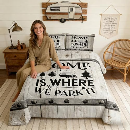 Camper RV Comforter Set Queen Size,Camping Travel Trailer Decor Bedding Set 3pcs for Kids Boys Girls Adults,Vintage Wooden Plank Cottage Down Comforter,Rustic Farmhouse Duvet Insert,2 Pillowcases
