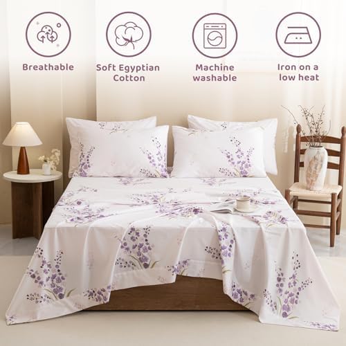 QSH Purple Floral Bed Sheets King Size 100% Egyptian Cotton Lavender Flower Bedding Sheets King Size Bedsheets Sets 17.5" Extra Deep Pocket 4pcs