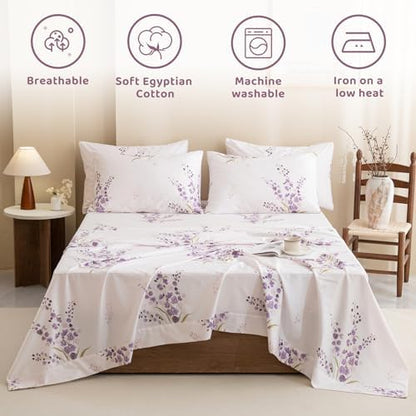 QSH Purple Floral Bed Sheets King Size 100% Egyptian Cotton Lavender Flower Bedding Sheets King Size Bedsheets Sets 17.5" Extra Deep Pocket 4pcs