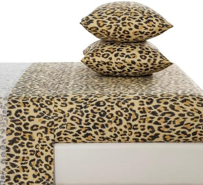 DAUAOTO Full Size Printed Sheets Set, 100% Cotton Bedding Sets, Up to 14" Deep Mattress, Modern Pattern Bedlinen Set, Leopard Yellow