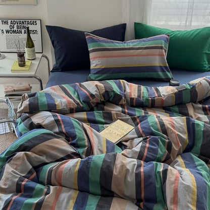 mixinni Vintage Striped Duvet Cover Full 100% Washed Cotton Bedding Set Retro Mid Century Modern Striped Duvet Cover with Zipper Closure Corner Ties for Kids Teens Dorm