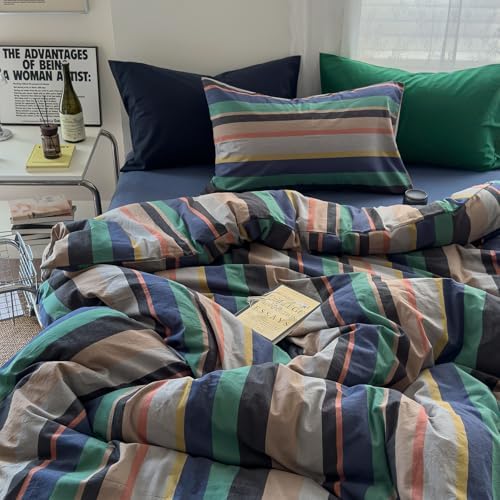 mixinni Blue Striped Duvet Cover Twin XL 100% Washed Cotton 3 Pcs Vintage Striped Bedding Set Soft Breathable Comforter Cover Set for Boys Girls Bedroom