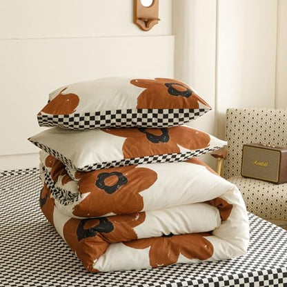 Wellboo Boho Floral Comforter Sets King Pumpkin Sunflower Bedding Set Cotton Women Girls White and Pumpkin Botanical Bed Brown Floral Quilts Large Flower Plant Blankets Watercolor Flower Bohemian Bed