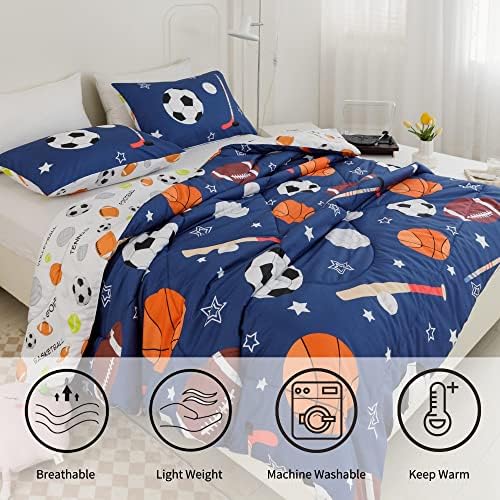 RYNGHIPY Blue Sports Bedding Set 3 Pieces Twin Balls Comforter Set for Kids