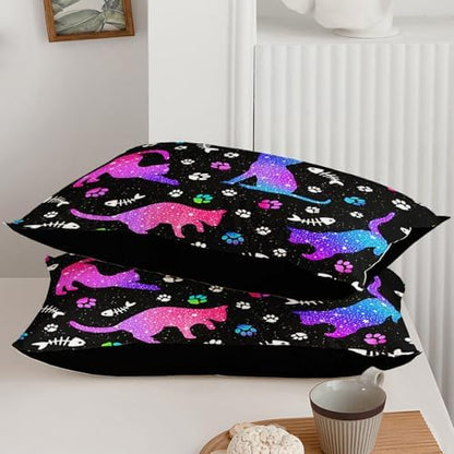 Axolotl Kids Gradient Cat Comforter Set King,3Pcs Cute Cats Bedding,Cartoon Paw Fish Bone Print Quilt Set with 1 Comforter 2 Pillowcases,Glitter Stars Bedding for Kids Boys Girls Teens Adults