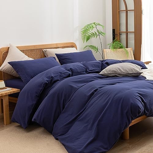 BESTOUCH Cotton Solid Duvet Cover Set Linen Feel Navy Blue Twin