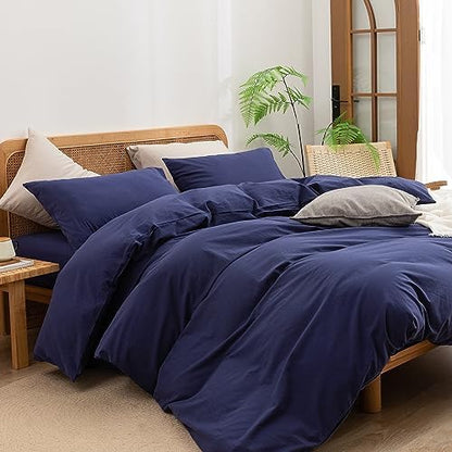 BESTOUCH Cotton Solid Duvet Cover Set Linen Feel Navy Blue California King
