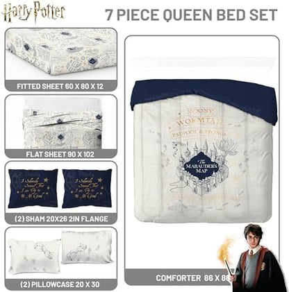 Harry Potter Queen Comforter Set 7 Piece Soft Fantasy Bedding, Beige