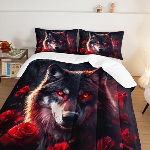 HOSIMA Floral Wolf Full Comforter for Boys Room Decor with 2 Pillowcases.