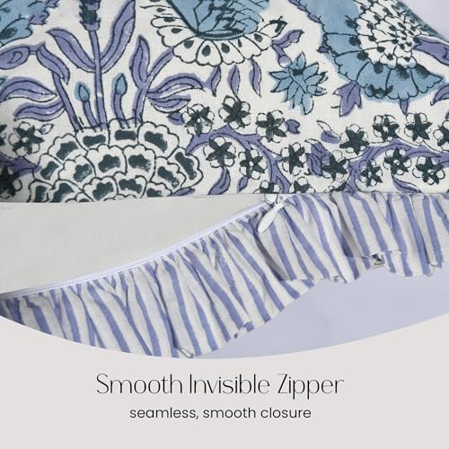 CPC Block Print Indigo Blue Ruffle Cotton Lumbar Pillow Cover 14x36 inch