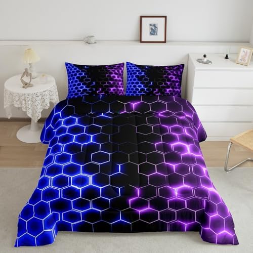 Feelyou Blue Purple Honeycomb Bedding Set Fluorescent Geometric Honeycomb Comforter Set Beehive Hexagon Comforter for Boys Girls Geometric Duvet Set King Size Quilt 3Pcs Boys