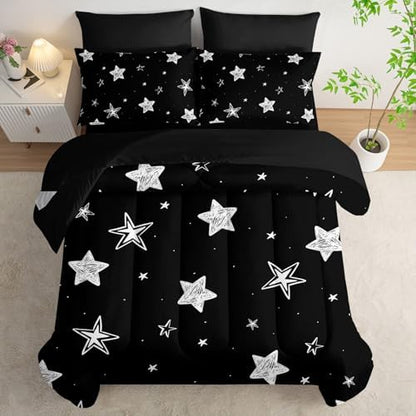 7Pcs Starry Comforter Set Black White Stars Printed Bedding Set with 1 Comforter, 1 Flat Sheet, 1 Fitted Sheet and 4 Pillowcases for Boys and Girls Bedroom All Season(Stars-3 King
